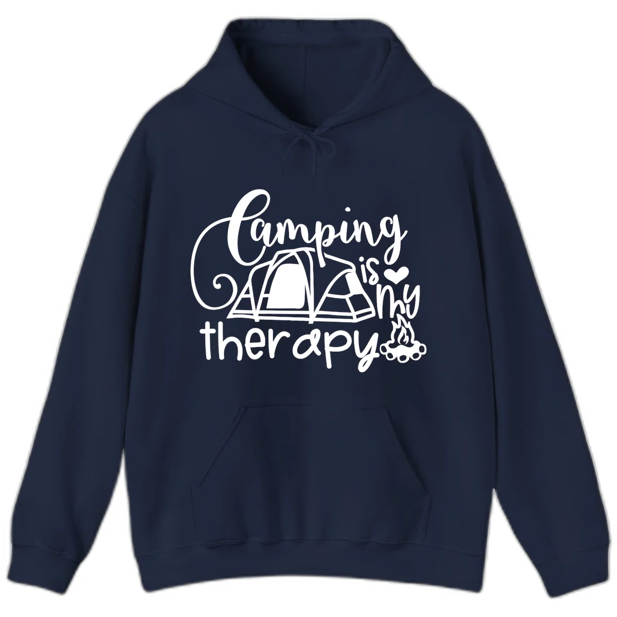 White lettered design reading 'Camping is Therapy' with heart symbol, tent, and campfire illustration on gray background in Navy