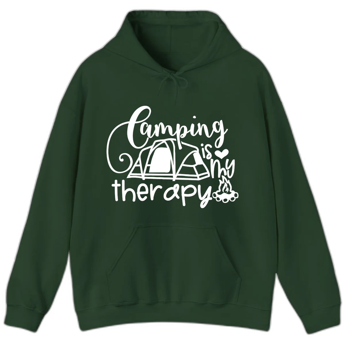 White lettered design reading 'Camping is Therapy' with heart symbol, tent, and campfire illustration on gray background in Forest Green