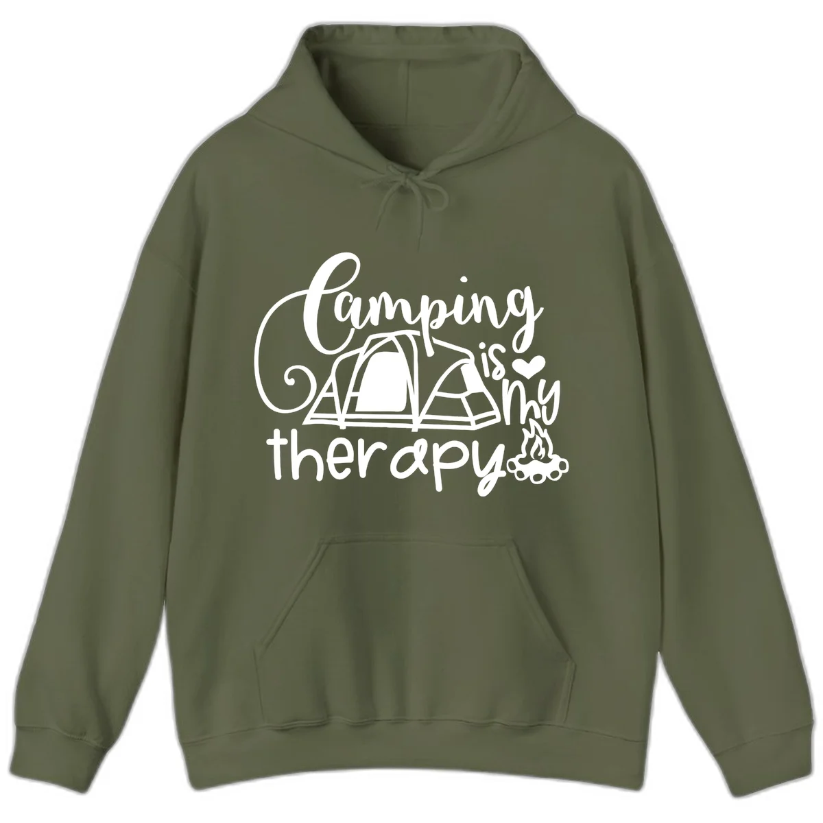 White lettered design reading 'Camping is Therapy' with heart symbol, tent, and campfire illustration on gray background in Military Green