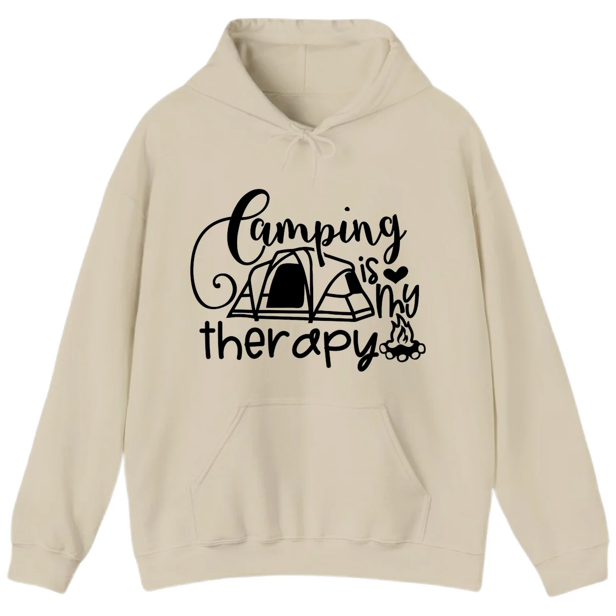 White lettered design reading 'Camping is Therapy' with heart symbol, tent, and campfire illustration on gray background in Sand