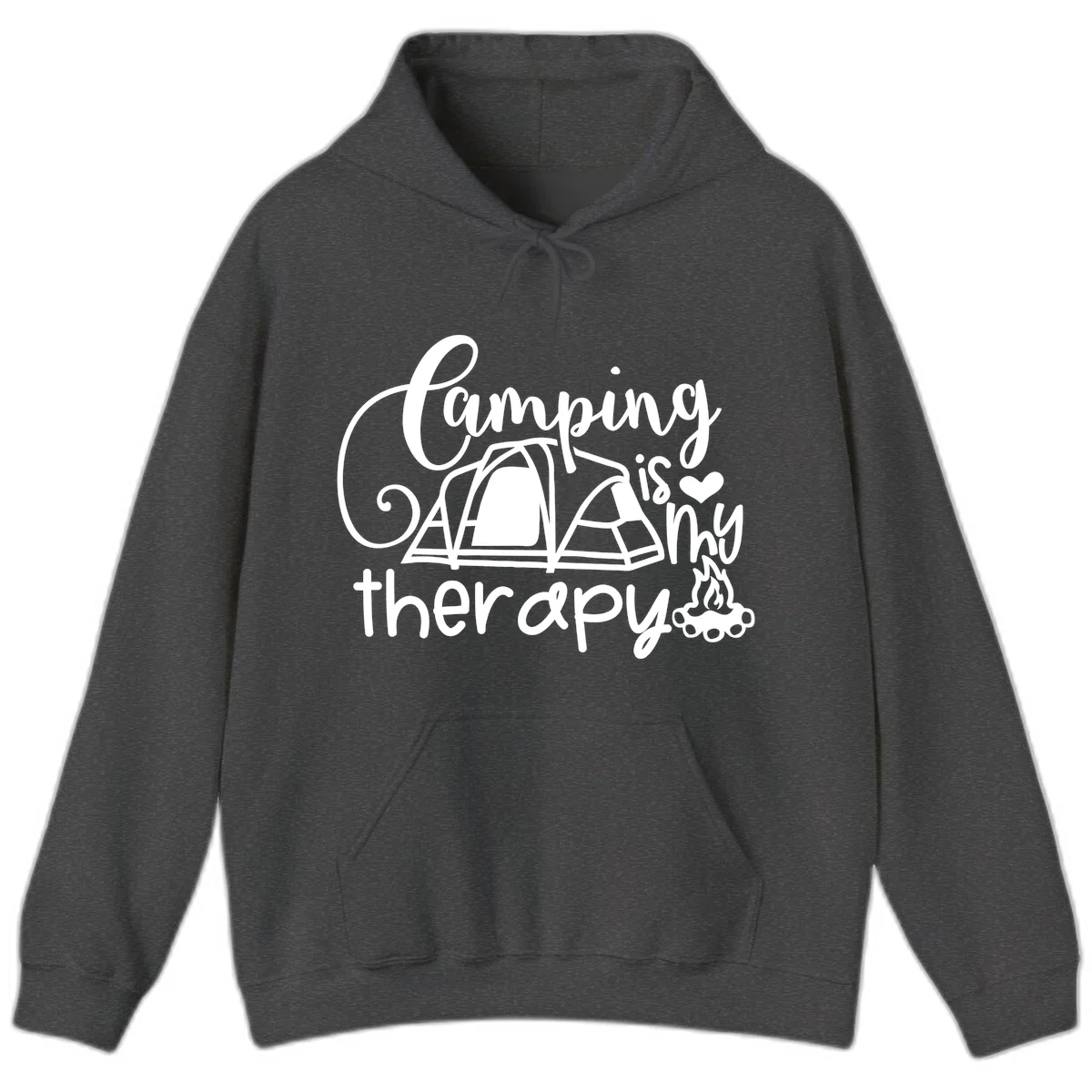 White lettered design reading 'Camping is Therapy' with heart symbol, tent, and campfire illustration on gray background in Dark Heather
