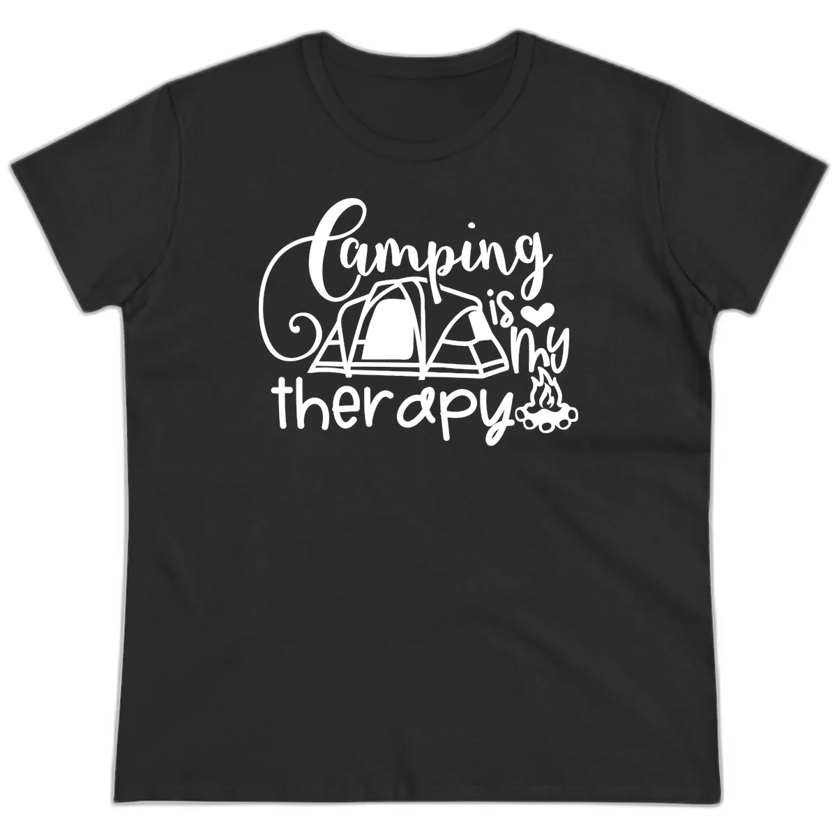White lettered design reading 'Camping is Therapy' with heart symbol, tent, and campfire illustration on gray background in Black