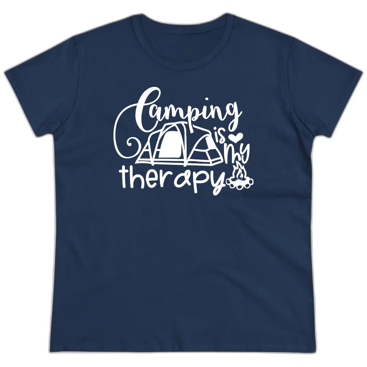 White lettered design reading 'Camping is Therapy' with heart symbol, tent, and campfire illustration on gray background in Navy