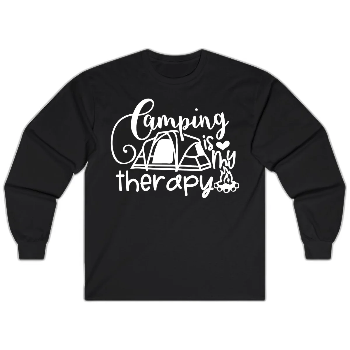 White lettered design reading 'Camping is Therapy' with heart symbol, tent, and campfire illustration on gray background in Black