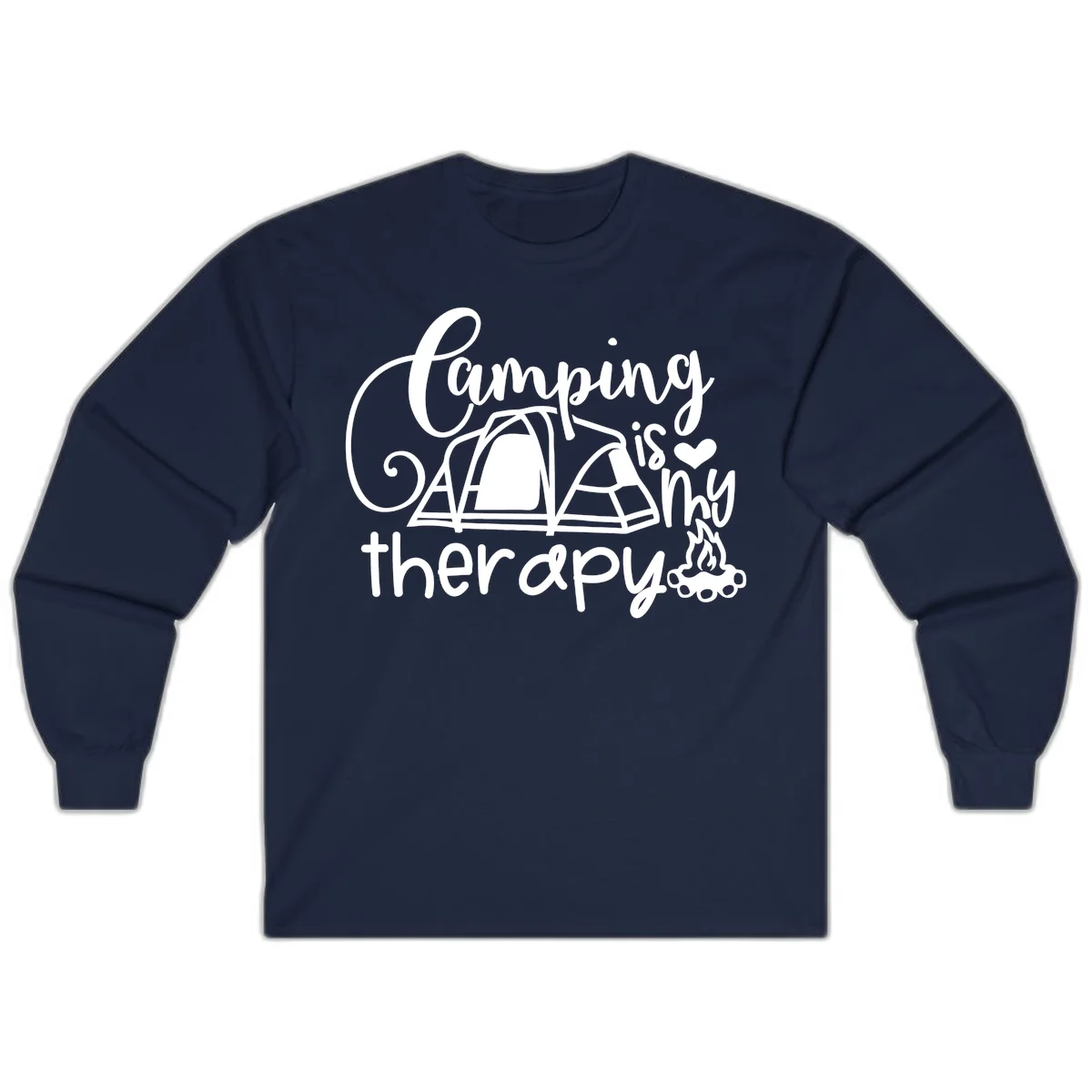 White lettered design reading 'Camping is Therapy' with heart symbol, tent, and campfire illustration on gray background in Navy