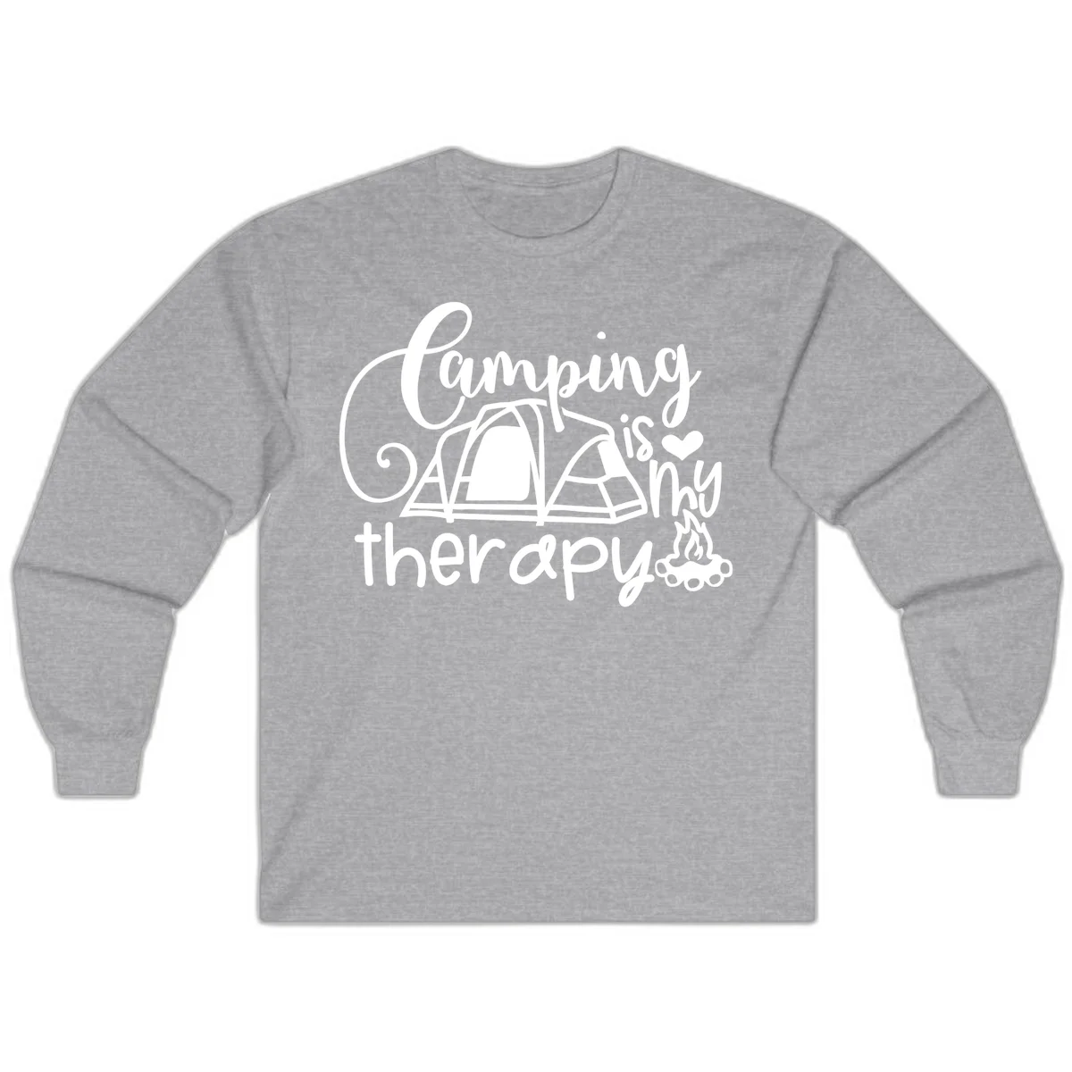 White lettered design reading 'Camping is Therapy' with heart symbol, tent, and campfire illustration on gray background in Sport Grey