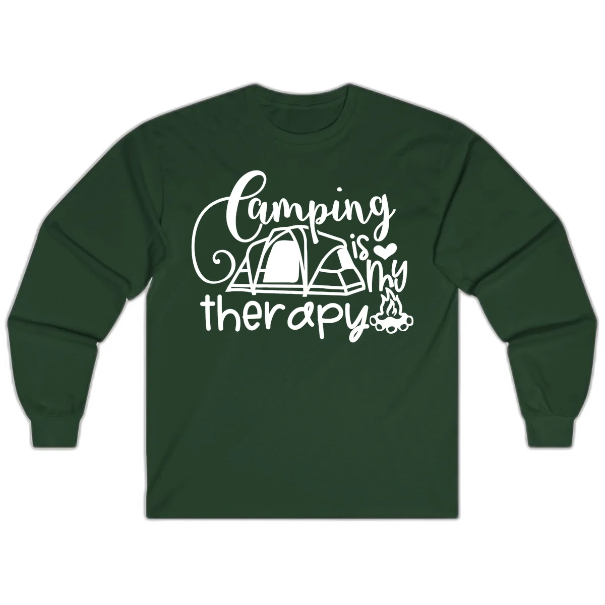 White lettered design reading 'Camping is Therapy' with heart symbol, tent, and campfire illustration on gray background in Forest Green