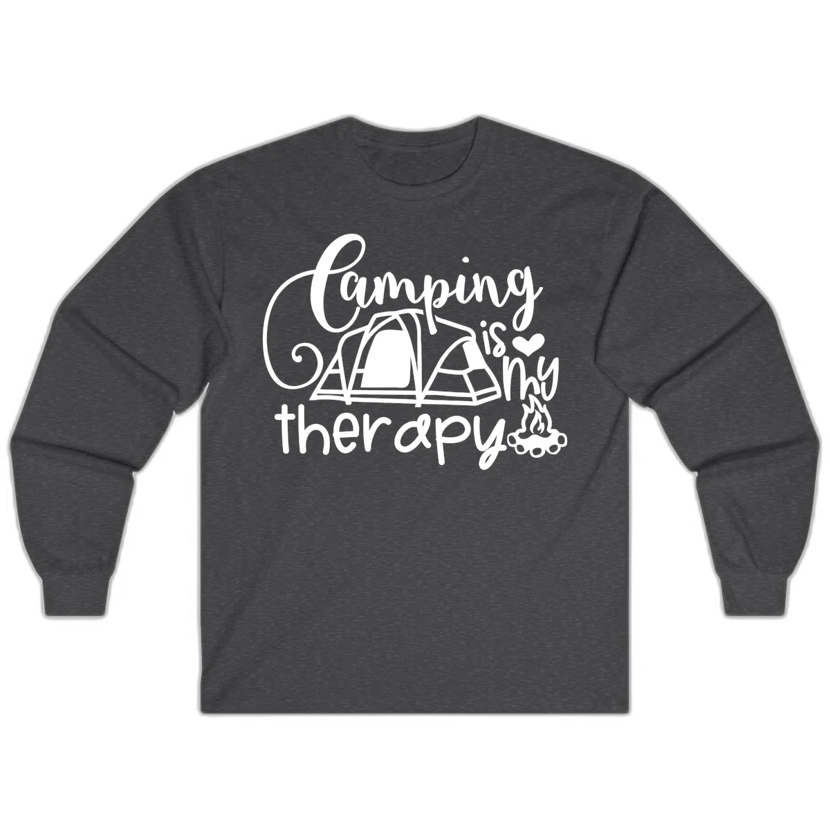 White lettered design reading 'Camping is Therapy' with heart symbol, tent, and campfire illustration on gray background in Dark Heather