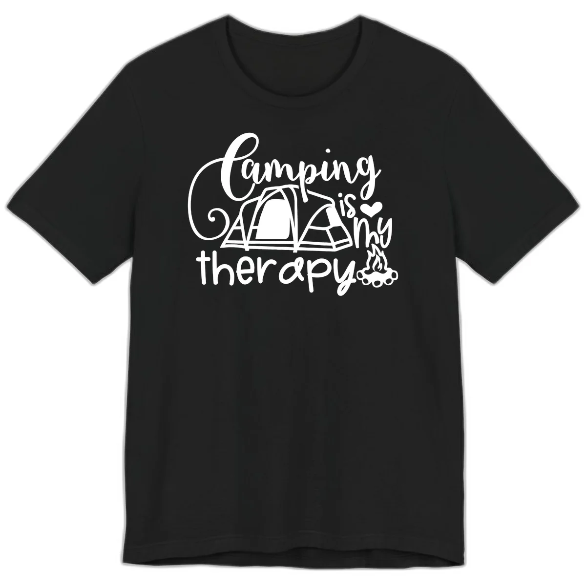 White lettered design reading 'Camping is Therapy' with heart symbol, tent, and campfire illustration on gray background in Black