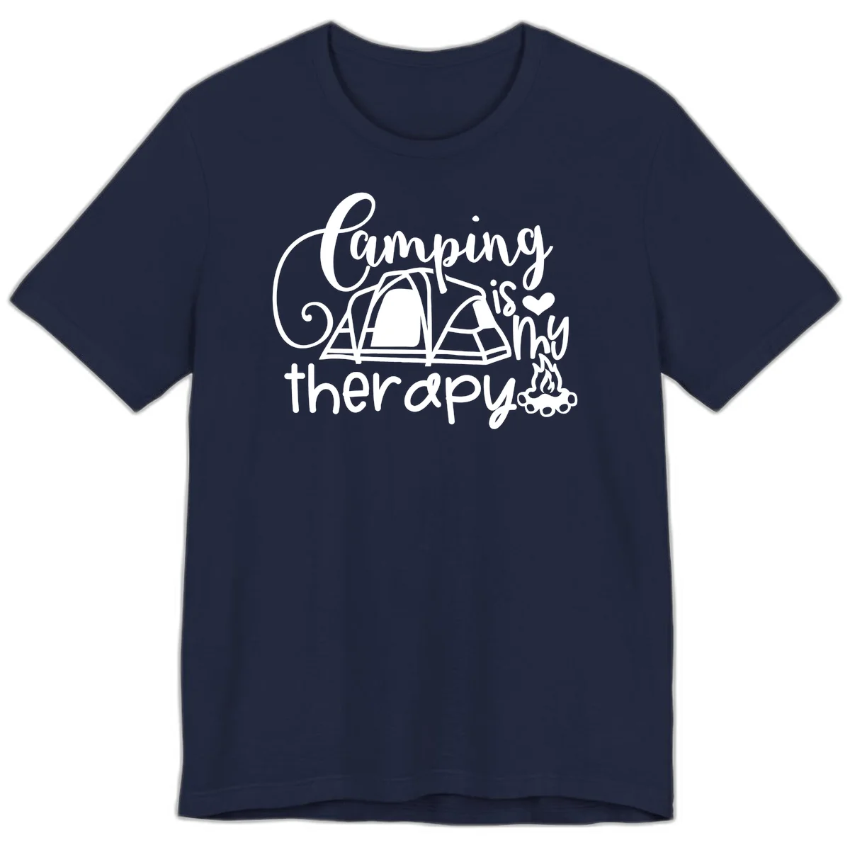 White lettered design reading 'Camping is Therapy' with heart symbol, tent, and campfire illustration on gray background in Navy