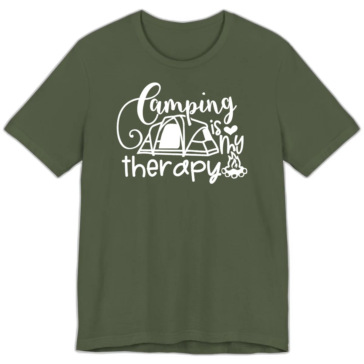 White lettered design reading 'Camping is Therapy' with heart symbol, tent, and campfire illustration on gray background in Military Green
