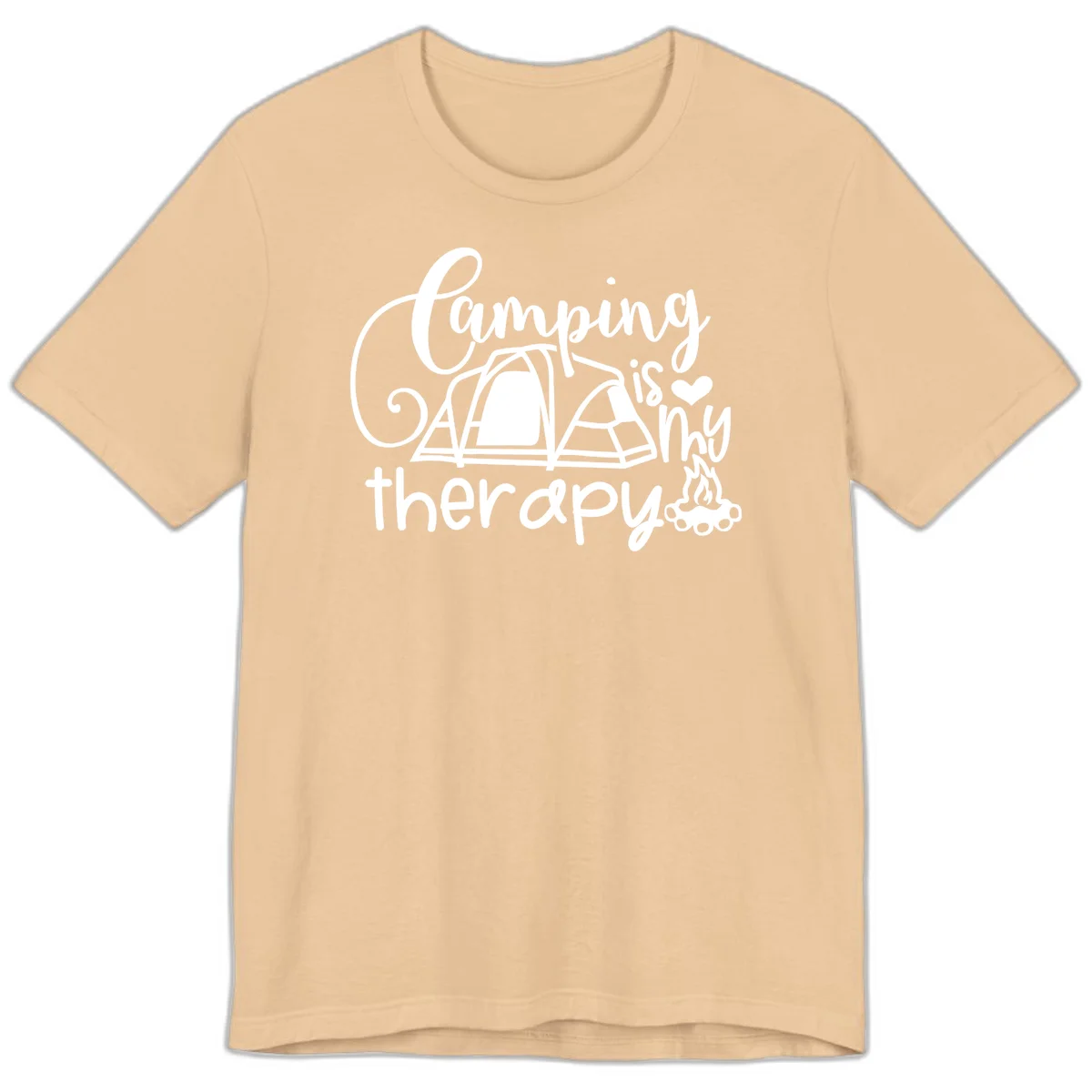 White lettered design reading 'Camping is Therapy' with heart symbol, tent, and campfire illustration on gray background in Sand Dune