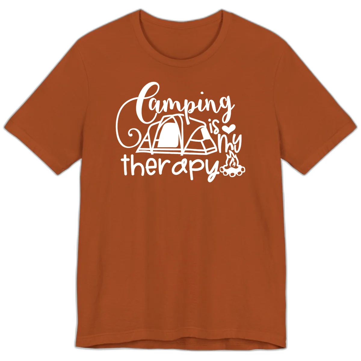 White lettered design reading 'Camping is Therapy' with heart symbol, tent, and campfire illustration on gray background in Autumn
