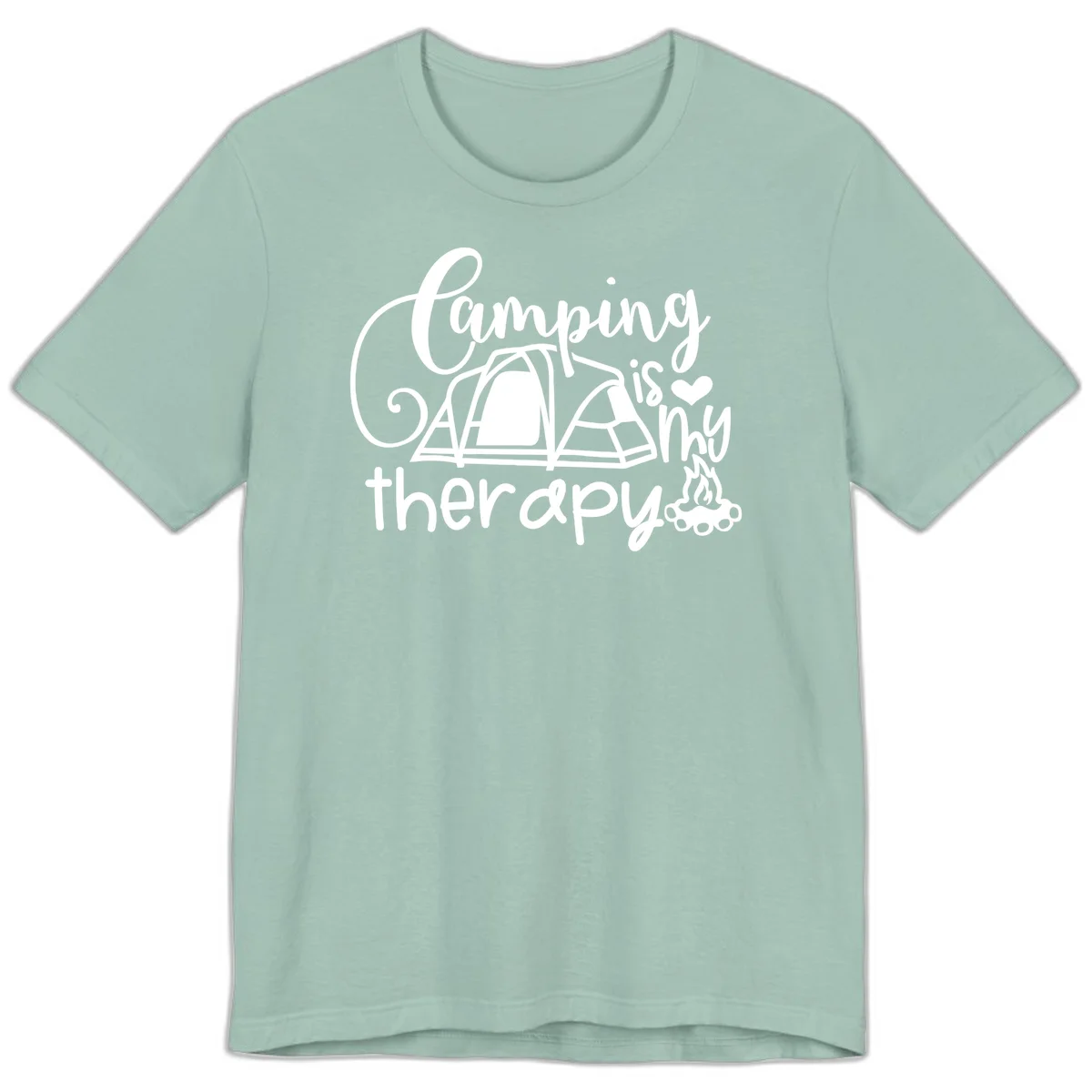 White lettered design reading 'Camping is Therapy' with heart symbol, tent, and campfire illustration on gray background in Dusty Blue