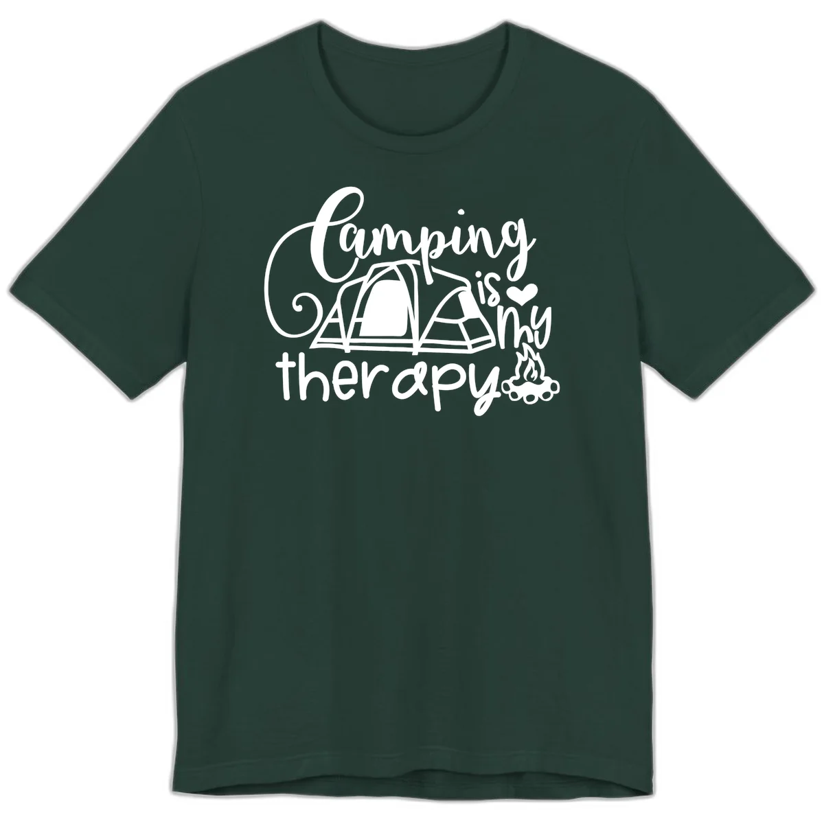 White lettered design reading 'Camping is Therapy' with heart symbol, tent, and campfire illustration on gray background in Forest