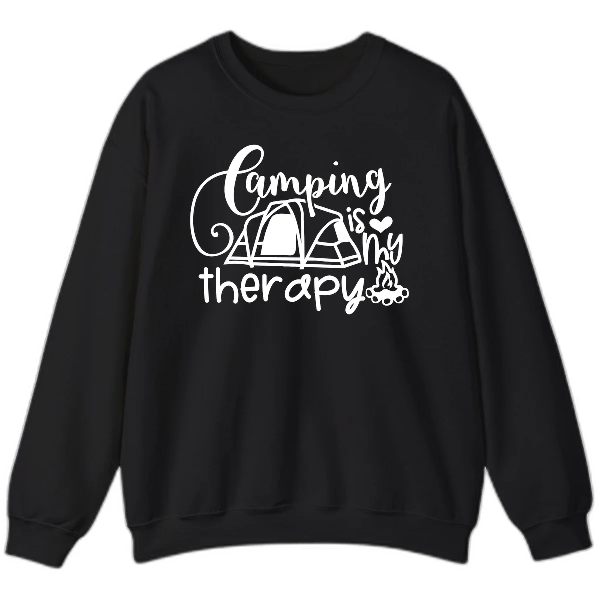 White lettered design reading 'Camping is Therapy' with heart symbol, tent, and campfire illustration on gray background in Black