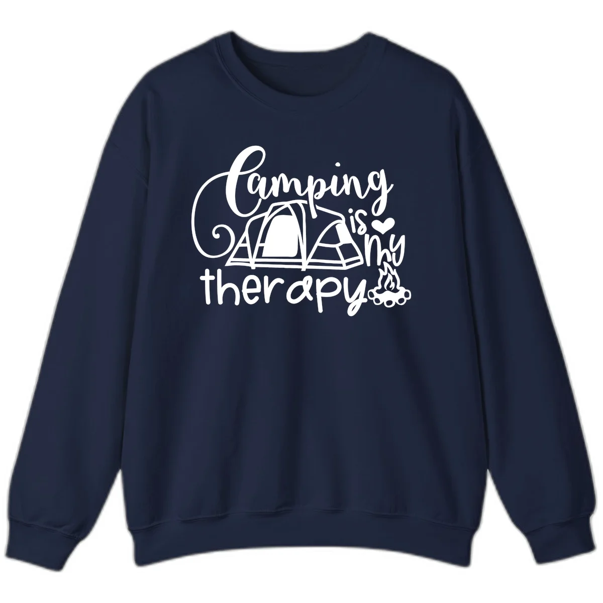 White lettered design reading 'Camping is Therapy' with heart symbol, tent, and campfire illustration on gray background in Navy