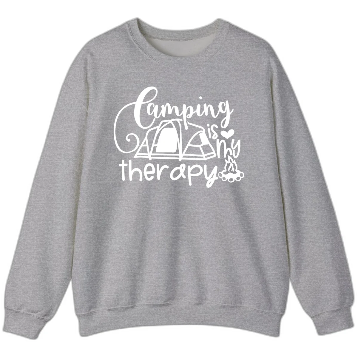 White lettered design reading 'Camping is Therapy' with heart symbol, tent, and campfire illustration on gray background in Sport Grey