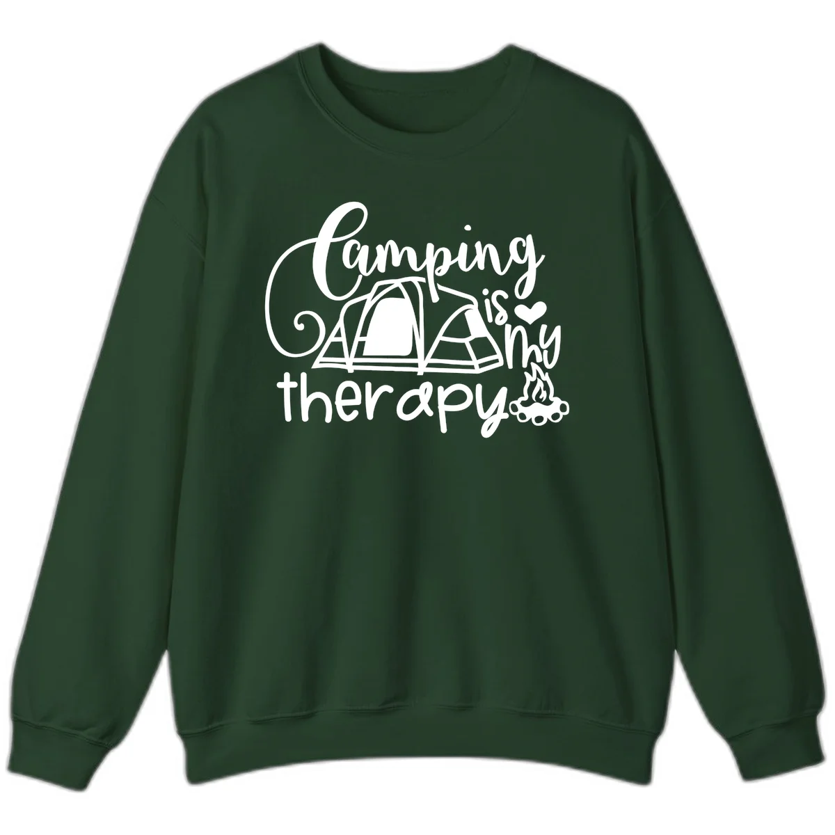 White lettered design reading 'Camping is Therapy' with heart symbol, tent, and campfire illustration on gray background in Forest Green