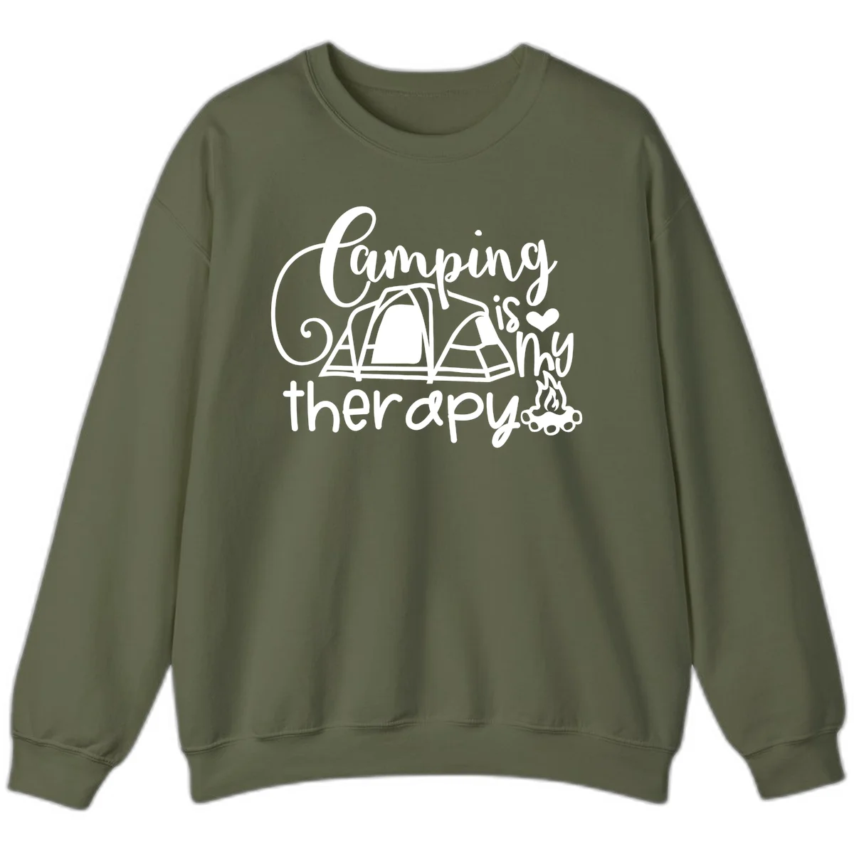 White lettered design reading 'Camping is Therapy' with heart symbol, tent, and campfire illustration on gray background in Military Green