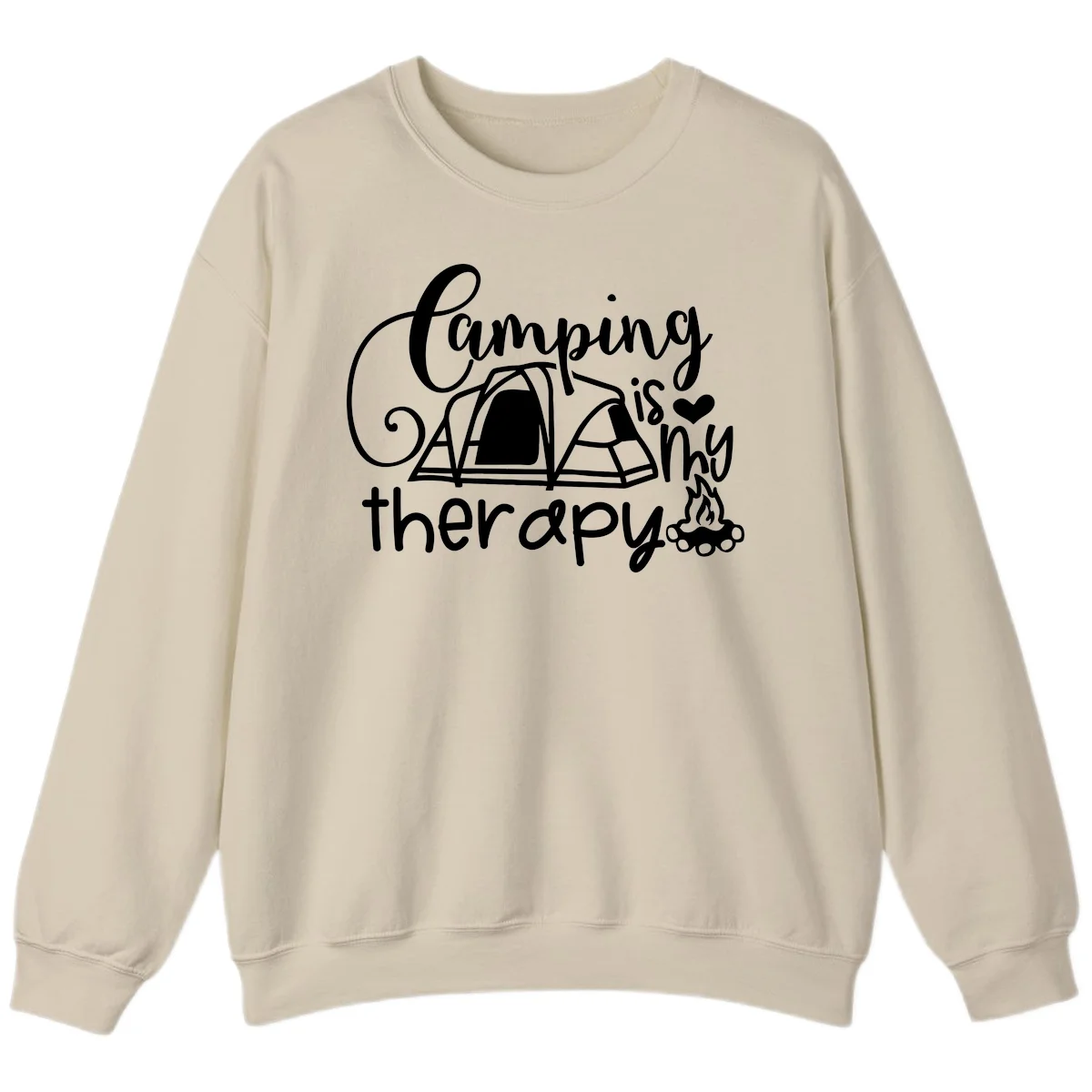 White lettered design reading 'Camping is Therapy' with heart symbol, tent, and campfire illustration on gray background in Sand