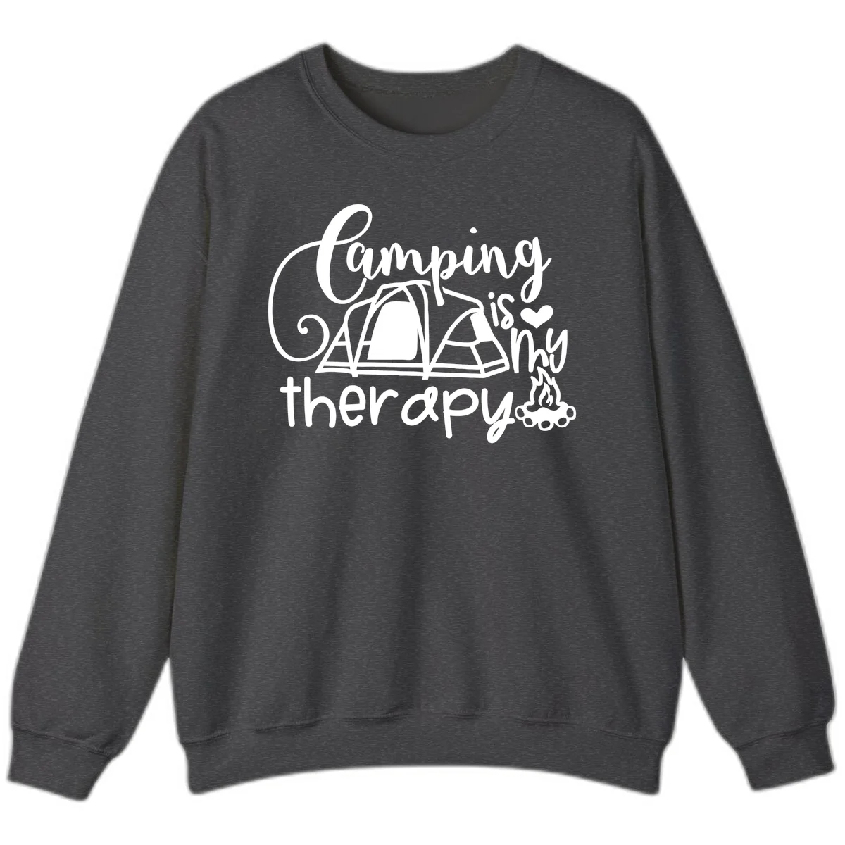 White lettered design reading 'Camping is Therapy' with heart symbol, tent, and campfire illustration on gray background in Dark Heather