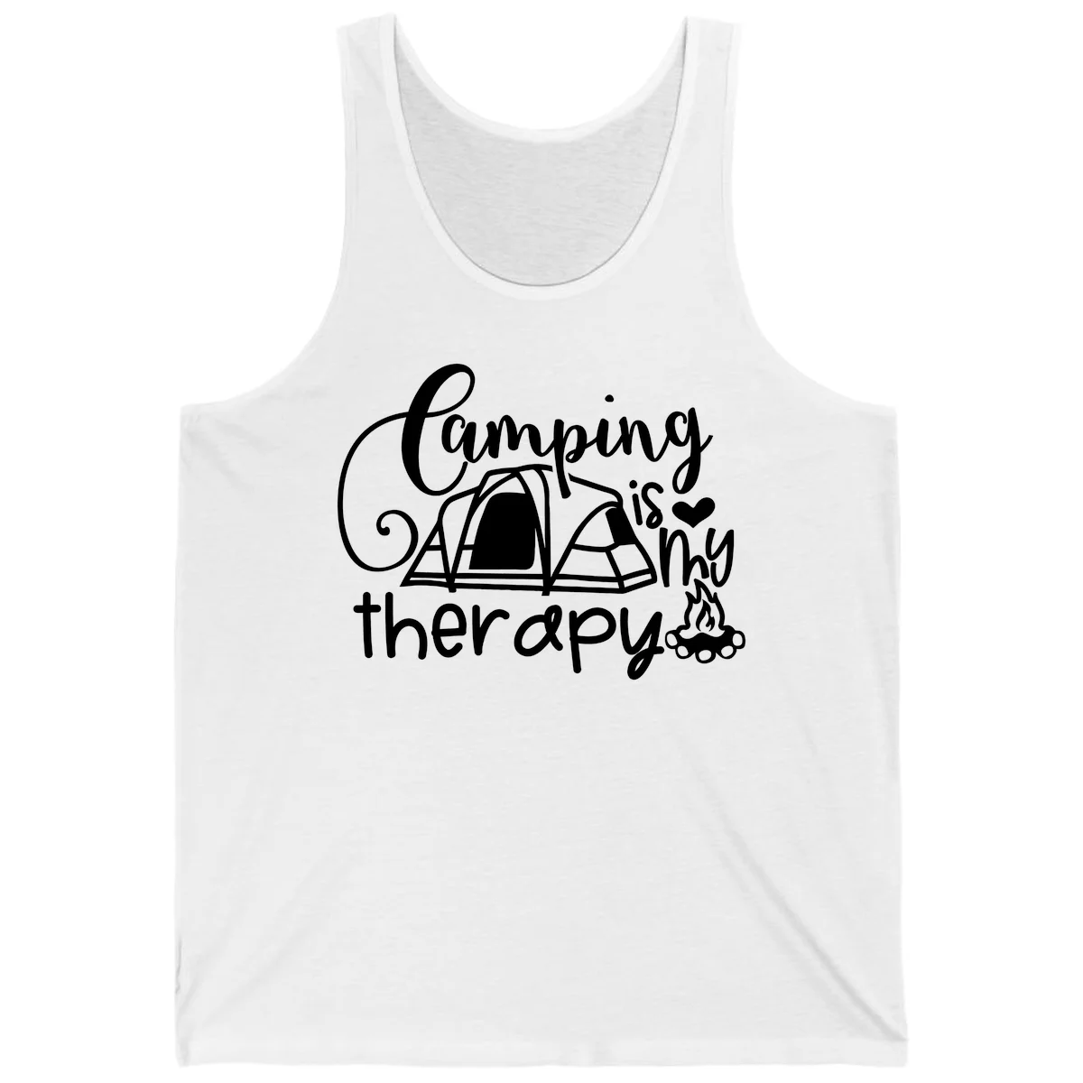 White lettered design reading 'Camping is Therapy' with heart symbol, tent, and campfire illustration on gray background in White