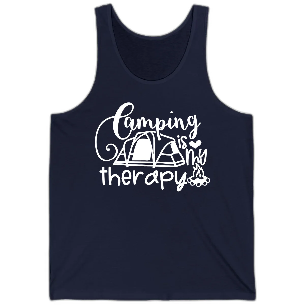 White lettered design reading 'Camping is Therapy' with heart symbol, tent, and campfire illustration on gray background in Navy