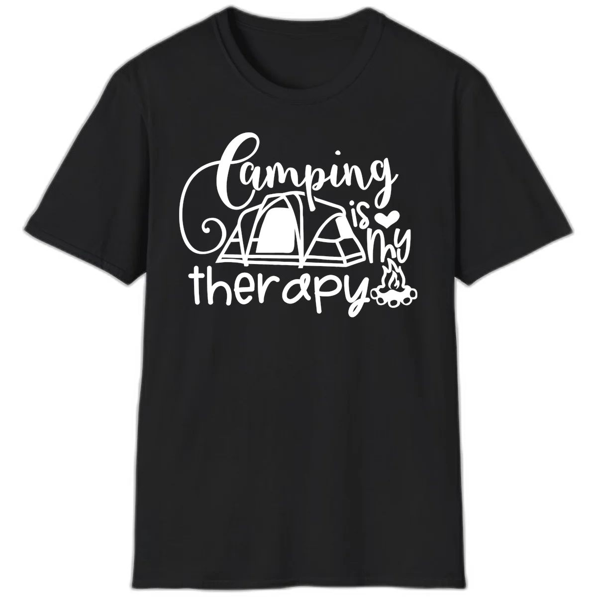 White lettered design reading 'Camping is Therapy' with heart symbol, tent, and campfire illustration on gray background in Black