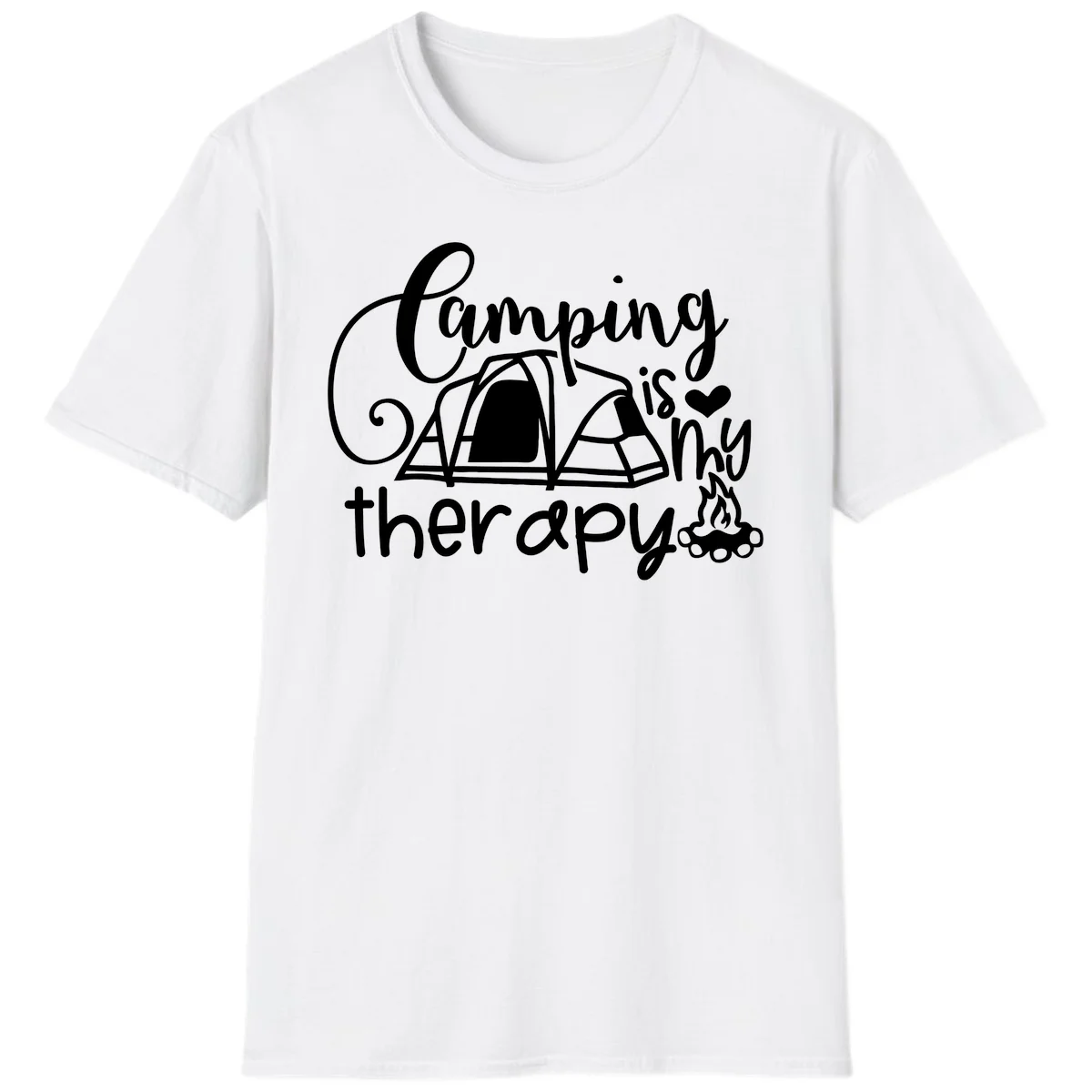 White lettered design reading 'Camping is Therapy' with heart symbol, tent, and campfire illustration on gray background in White