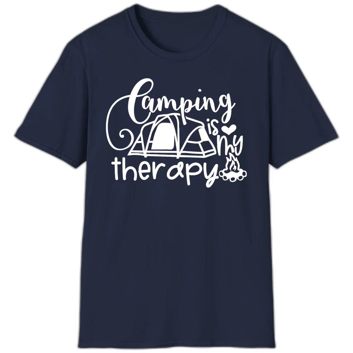 White lettered design reading 'Camping is Therapy' with heart symbol, tent, and campfire illustration on gray background in Navy