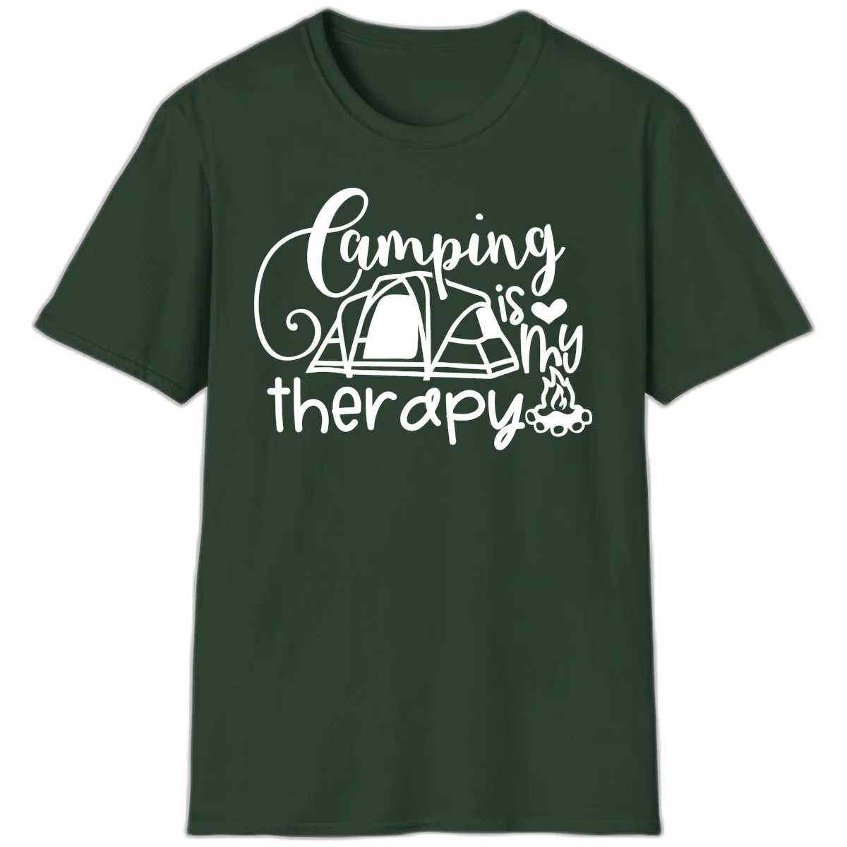 White lettered design reading 'Camping is Therapy' with heart symbol, tent, and campfire illustration on gray background in Forest Green