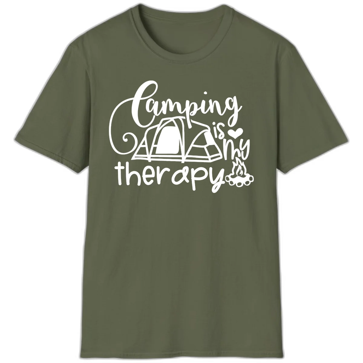 White lettered design reading 'Camping is Therapy' with heart symbol, tent, and campfire illustration on gray background in Military Green