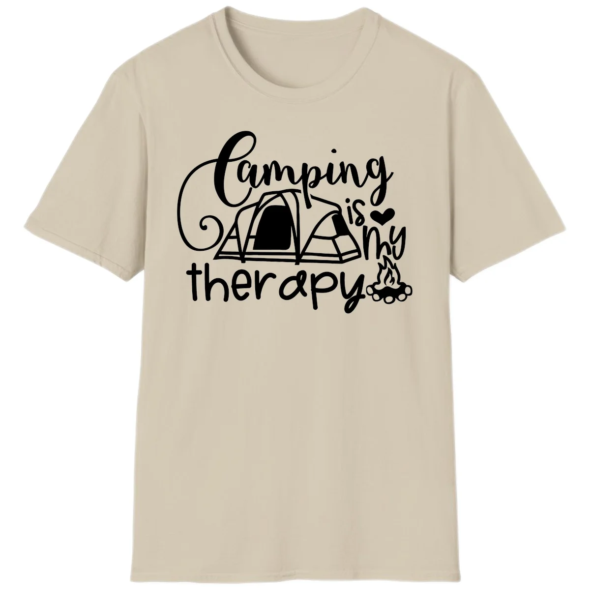 White lettered design reading 'Camping is Therapy' with heart symbol, tent, and campfire illustration on gray background in Sand