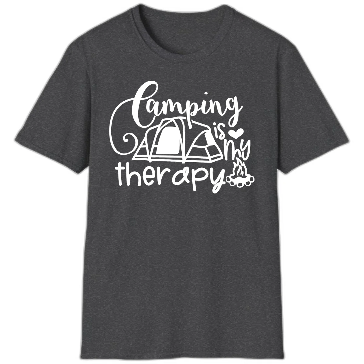 White lettered design reading 'Camping is Therapy' with heart symbol, tent, and campfire illustration on gray background in Dark Heather