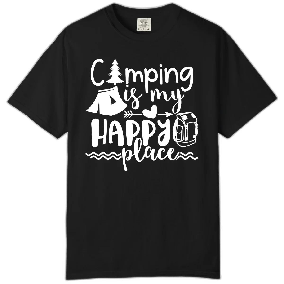 White illustrated camping design with text 'Camping is my happy place' featuring tent, pine tree, beer mug, and backpack on gray background in Black