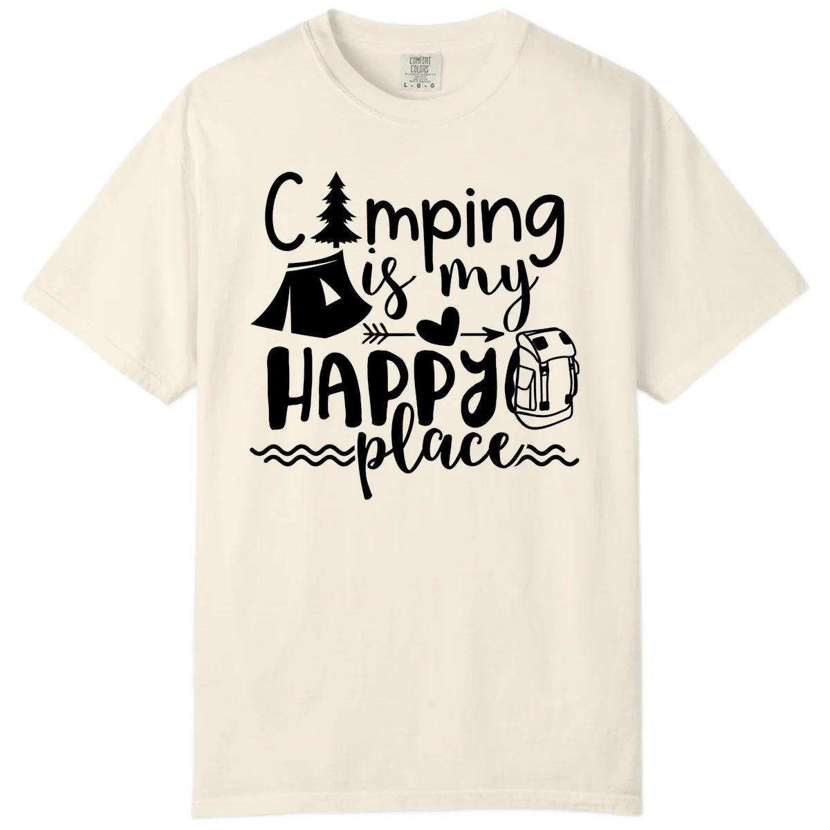 White illustrated camping design with text 'Camping is my happy place' featuring tent, pine tree, beer mug, and backpack on gray background in Ivory