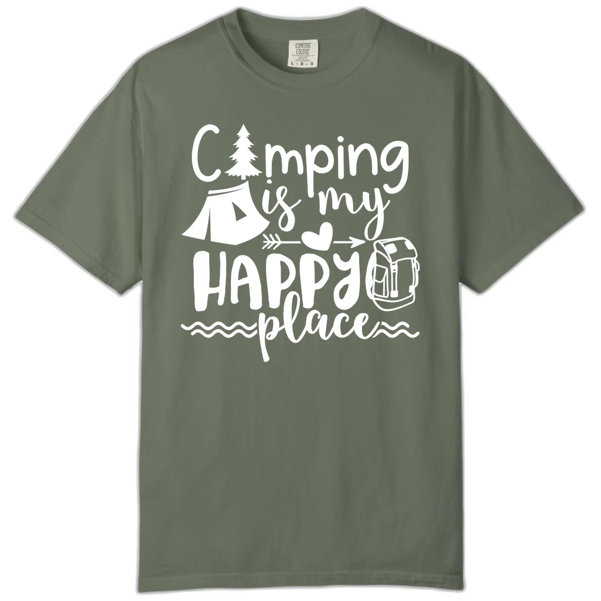 White illustrated camping design with text 'Camping is my happy place' featuring tent, pine tree, beer mug, and backpack on gray background in Moss