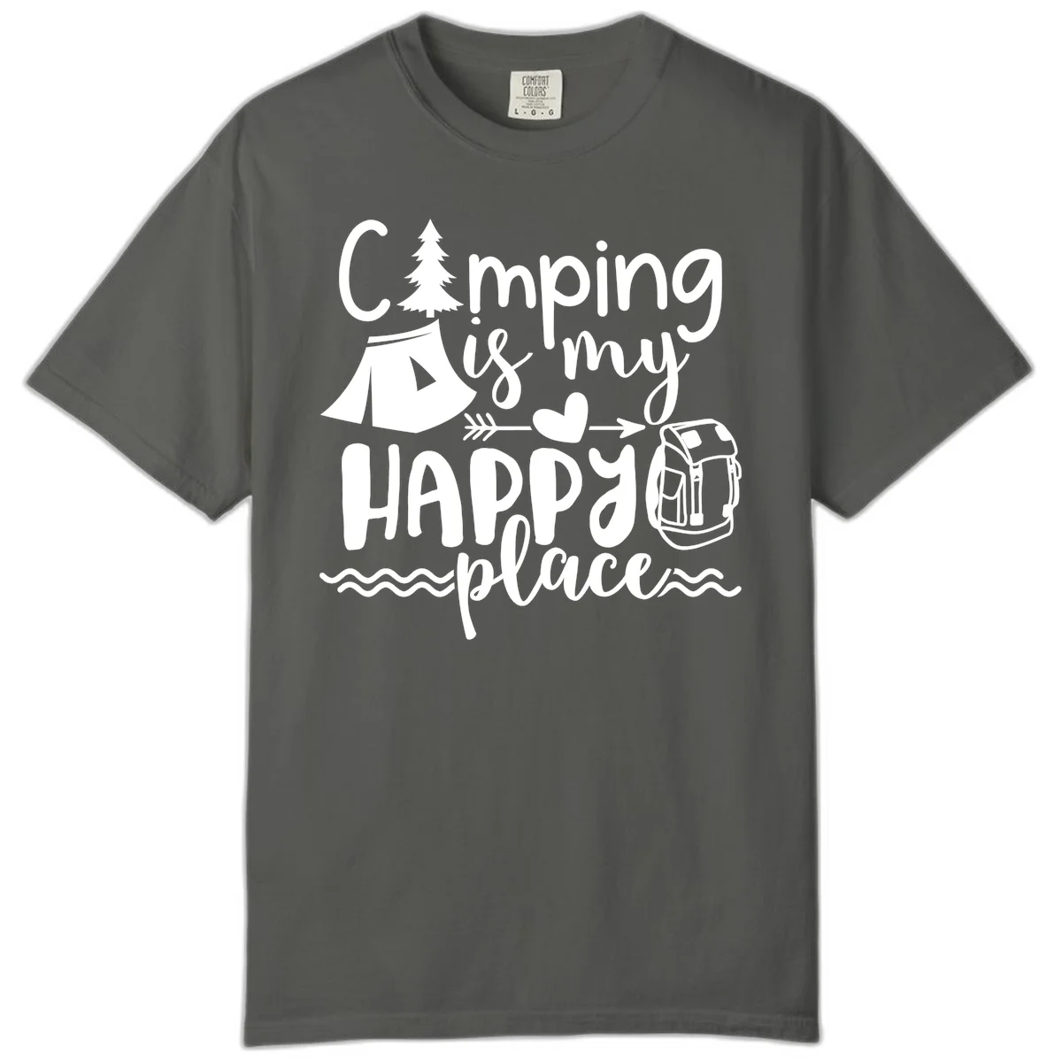 White illustrated camping design with text 'Camping is my happy place' featuring tent, pine tree, beer mug, and backpack on gray background in Pepper