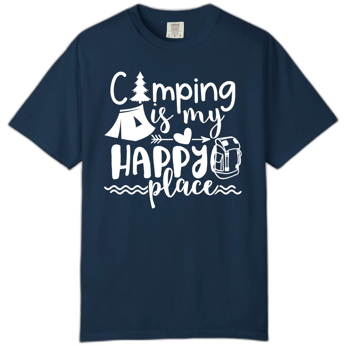 White illustrated camping design with text 'Camping is my happy place' featuring tent, pine tree, beer mug, and backpack on gray background in True Navy