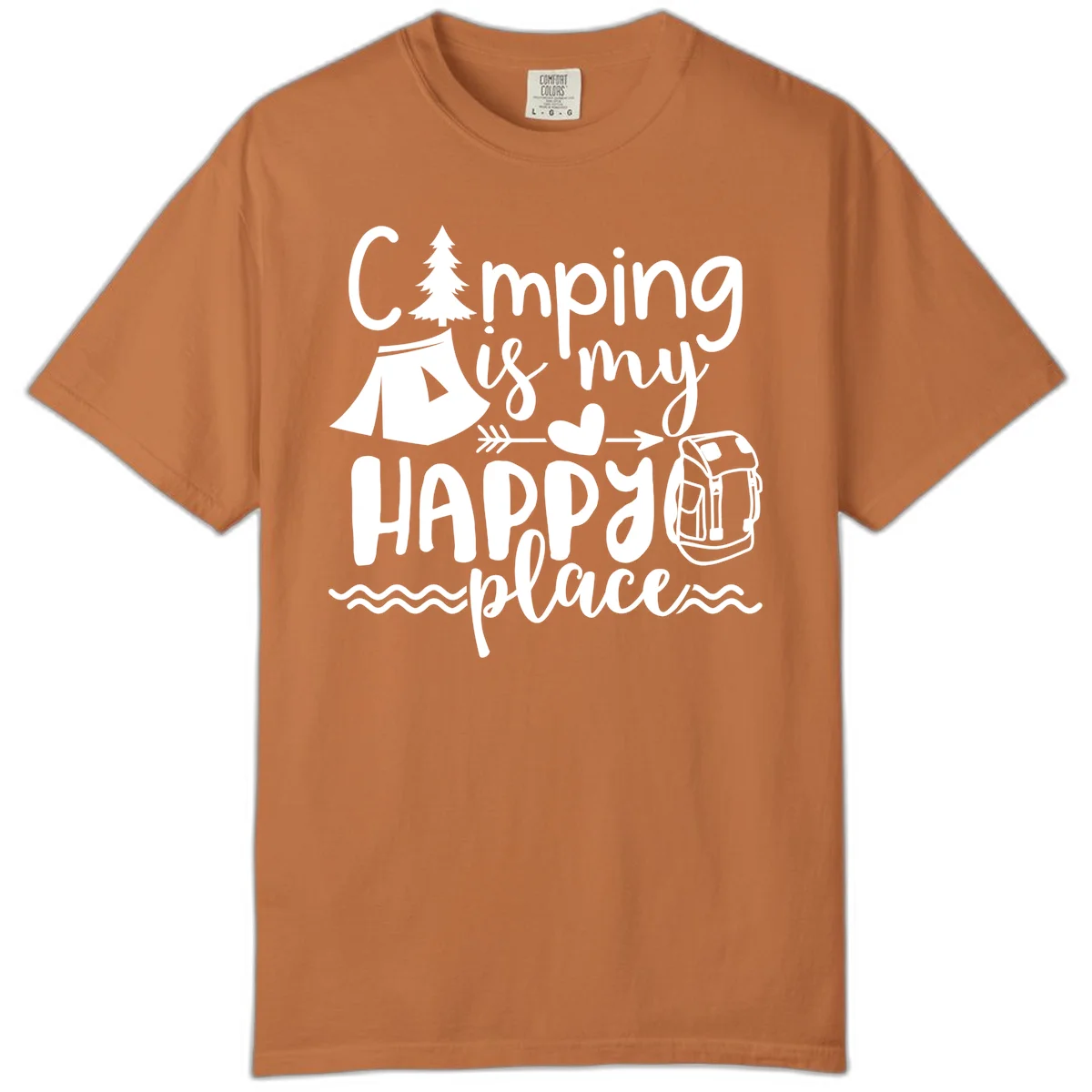 White illustrated camping design with text 'Camping is my happy place' featuring tent, pine tree, beer mug, and backpack on gray background in Yam