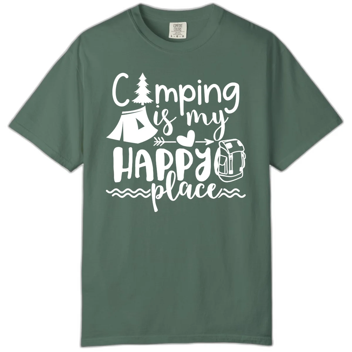 White illustrated camping design with text 'Camping is my happy place' featuring tent, pine tree, beer mug, and backpack on gray background in Blue Spruce