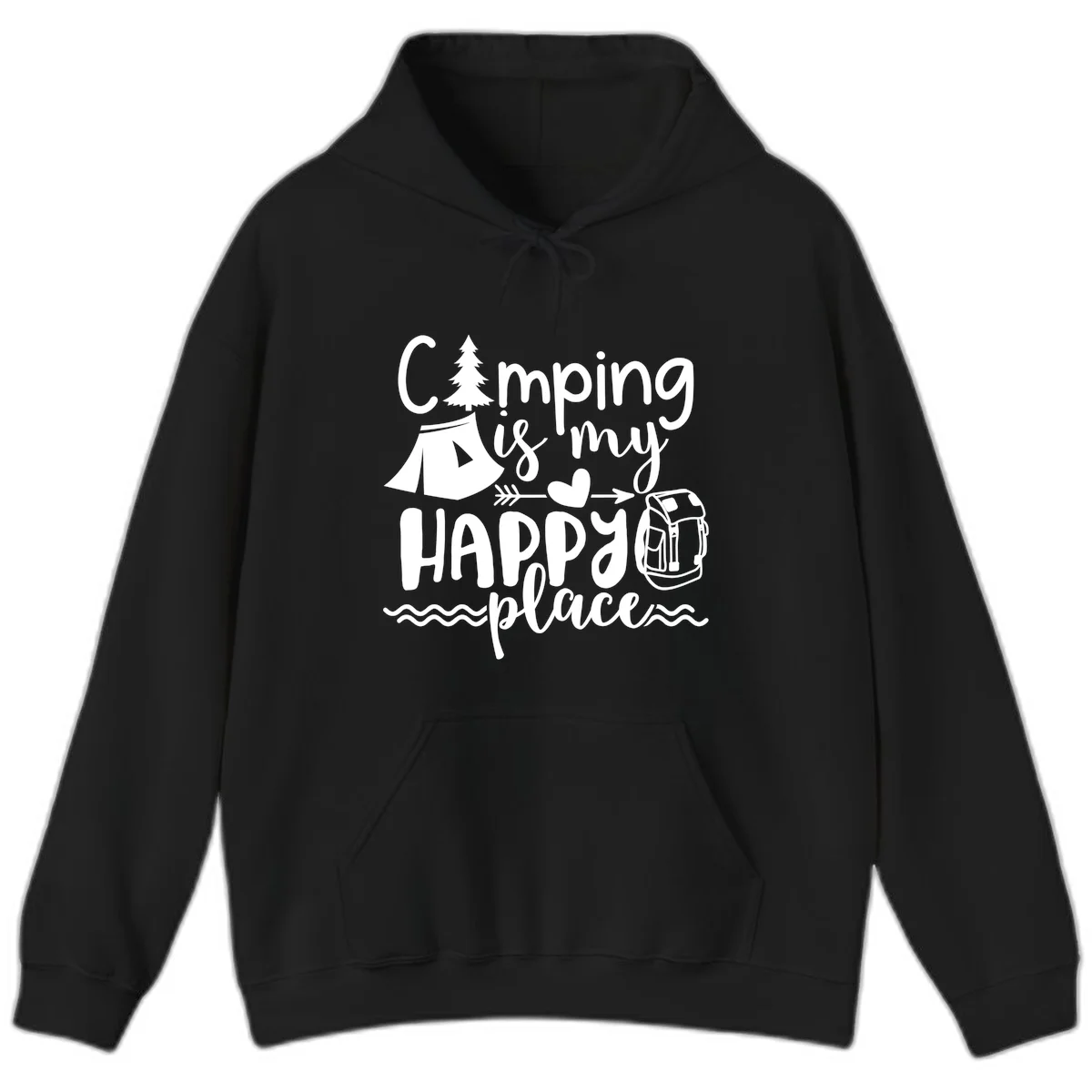 White illustrated camping design with text 'Camping is my happy place' featuring tent, pine tree, beer mug, and backpack on gray background in Black
