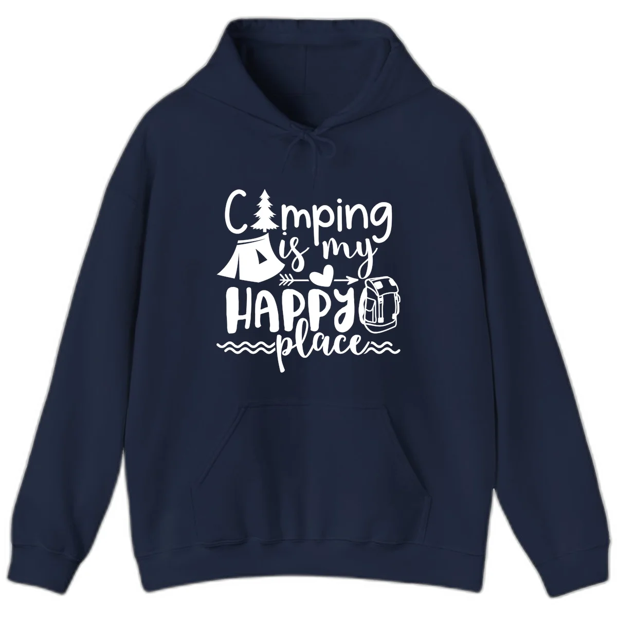 White illustrated camping design with text 'Camping is my happy place' featuring tent, pine tree, beer mug, and backpack on gray background in Navy
