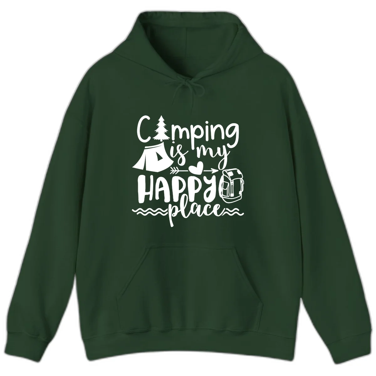 White illustrated camping design with text 'Camping is my happy place' featuring tent, pine tree, beer mug, and backpack on gray background in Forest Green