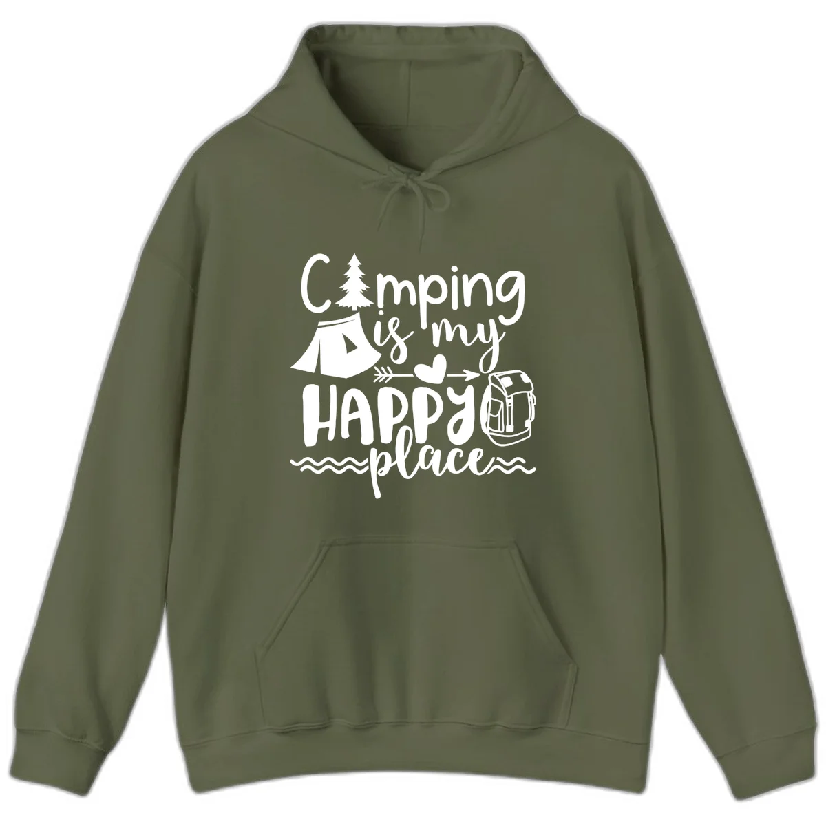 White illustrated camping design with text 'Camping is my happy place' featuring tent, pine tree, beer mug, and backpack on gray background in Military Green
