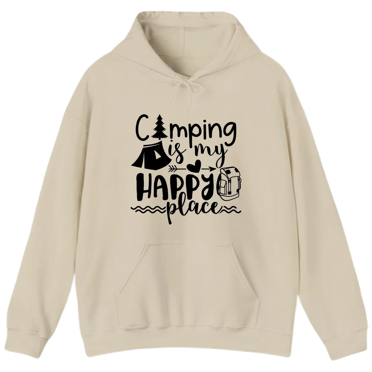 White illustrated camping design with text 'Camping is my happy place' featuring tent, pine tree, beer mug, and backpack on gray background in Sand