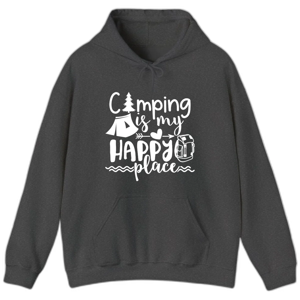 White illustrated camping design with text 'Camping is my happy place' featuring tent, pine tree, beer mug, and backpack on gray background in Dark Heather