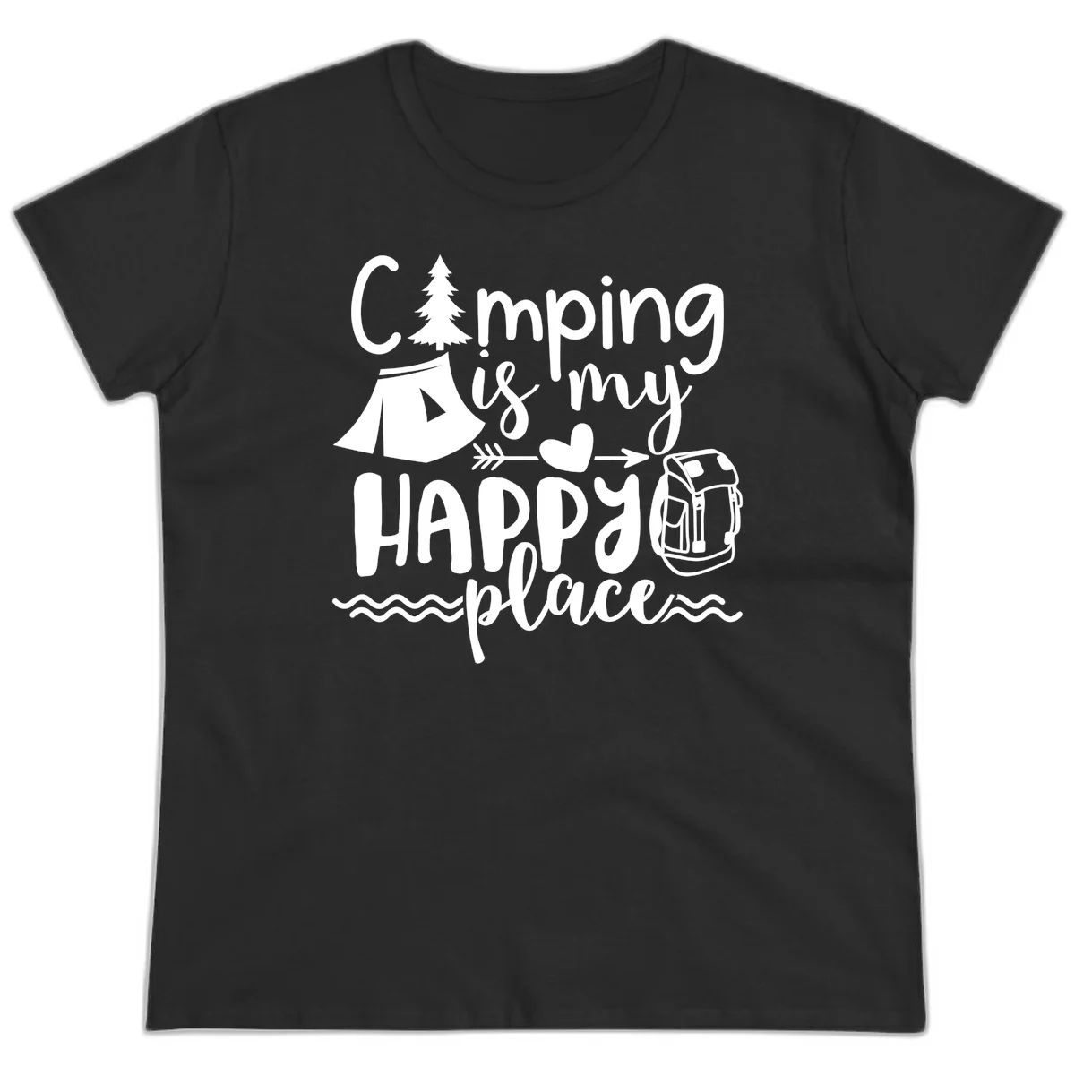 White illustrated camping design with text 'Camping is my happy place' featuring tent, pine tree, beer mug, and backpack on gray background in Black