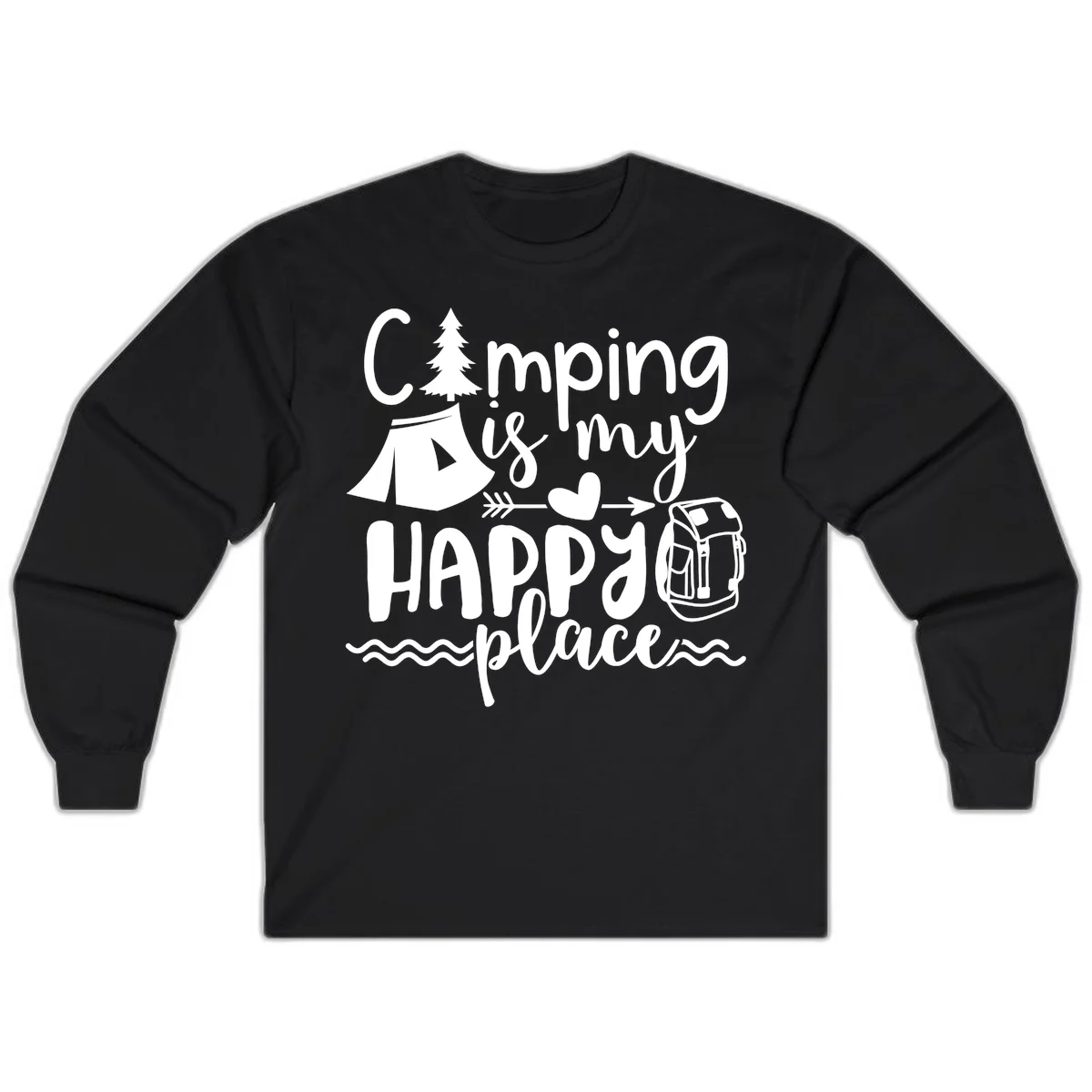 White illustrated camping design with text 'Camping is my happy place' featuring tent, pine tree, beer mug, and backpack on gray background in Black